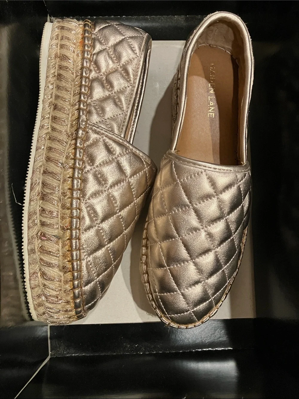 Quilted Metallic Espadrille Slip-Ons in Rose Gold